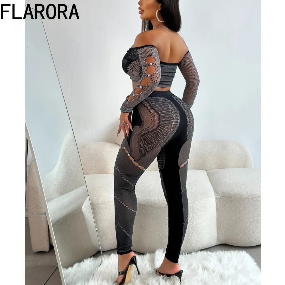 FLARORA Sexy Hollow Rhinestones Two Piece Sets Woman Off Shoulder Long Sleeve Crop Tops And Pants Female Elastic Lace Outfits