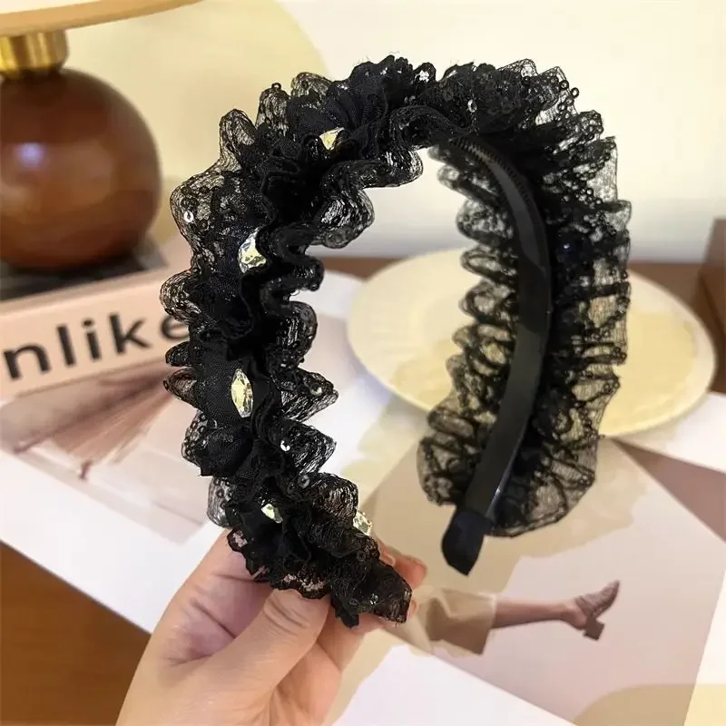 الإناث النسخة الكورية أغطية الرأس الأسود الدانتيل حجر الراين مشبك شعر للنساء السيدات 2025 نمط جديد هيرباند الملحقات #6
