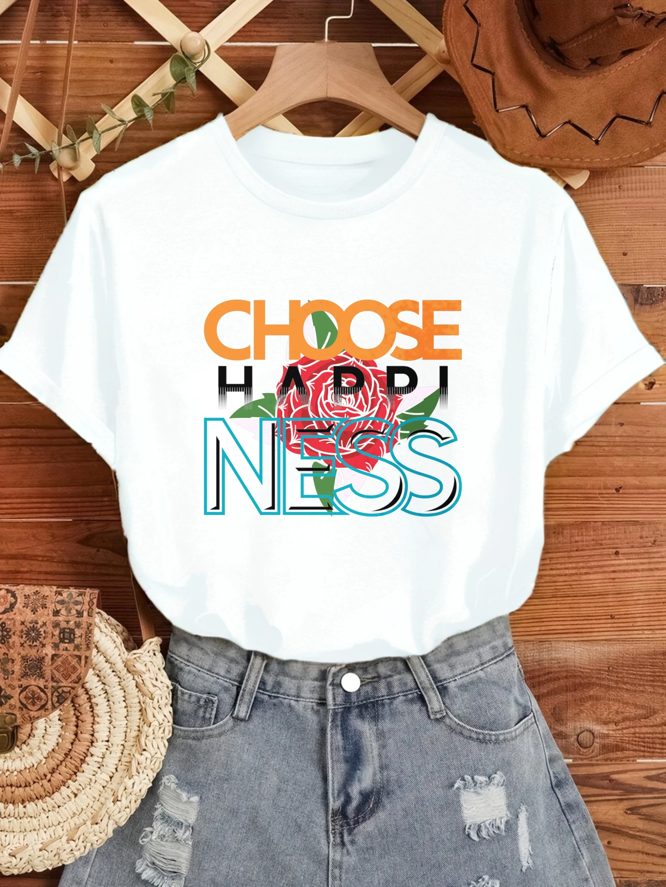 

Women's T-shirts Chinese style Christmas style Casual 100% cotton Choose Happiness Rose Design printed tee Couple y2k tops