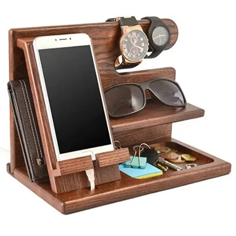 Multi-Layer Phone and Tablet Stand Key Wallet Organizer Large Capacity Natural Solid Timber Durable Smooth Polished Safe ToTouch