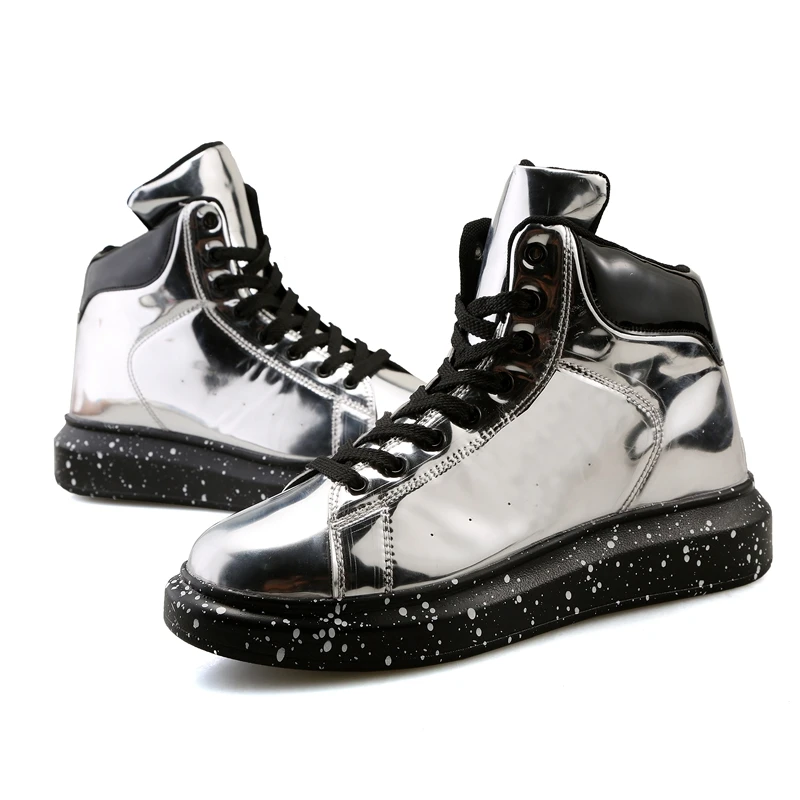 

Men Women Hightop Glossy Skate Shoes Young Couple Walking Flat Silver Dad Boots Sports Running Casual Leather High-cut Sneakers