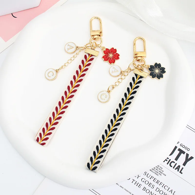 Sweet Sakura Letter Keychain Cute Leaf Webbing Flower Pendant Keyring Women Earphone Case Bag Charm Key Chains DIY Accessories