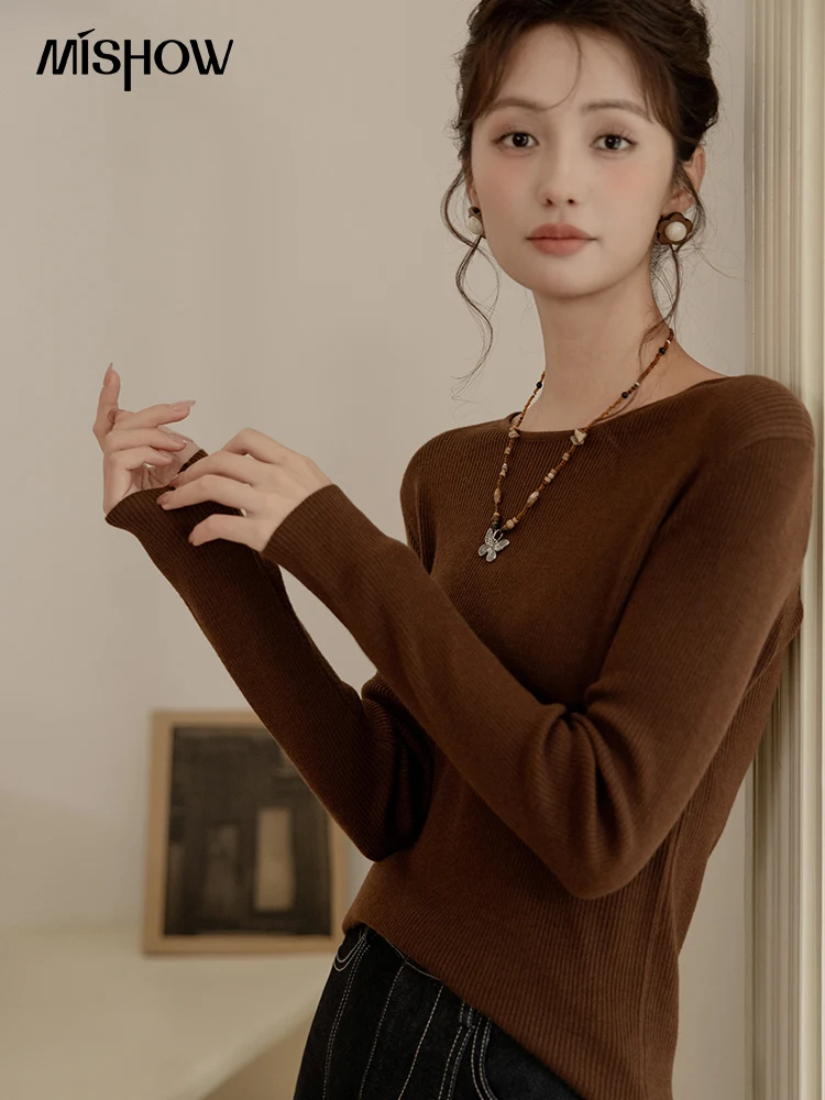 MISHOW Wool Blend Knitted Base Sweater for Women Autumn 2024 Slim Fit Round Neck Knit Sweater Solid Tops Office Lady MXD41Z0739