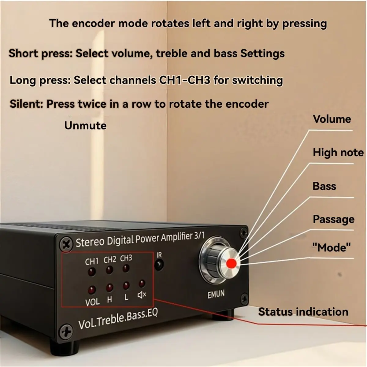 

A26Z TPA3116 Stereo Digital Amplifier with EQ Mode Bass and Treble Settings 3 RCA with Remote Control US Plug