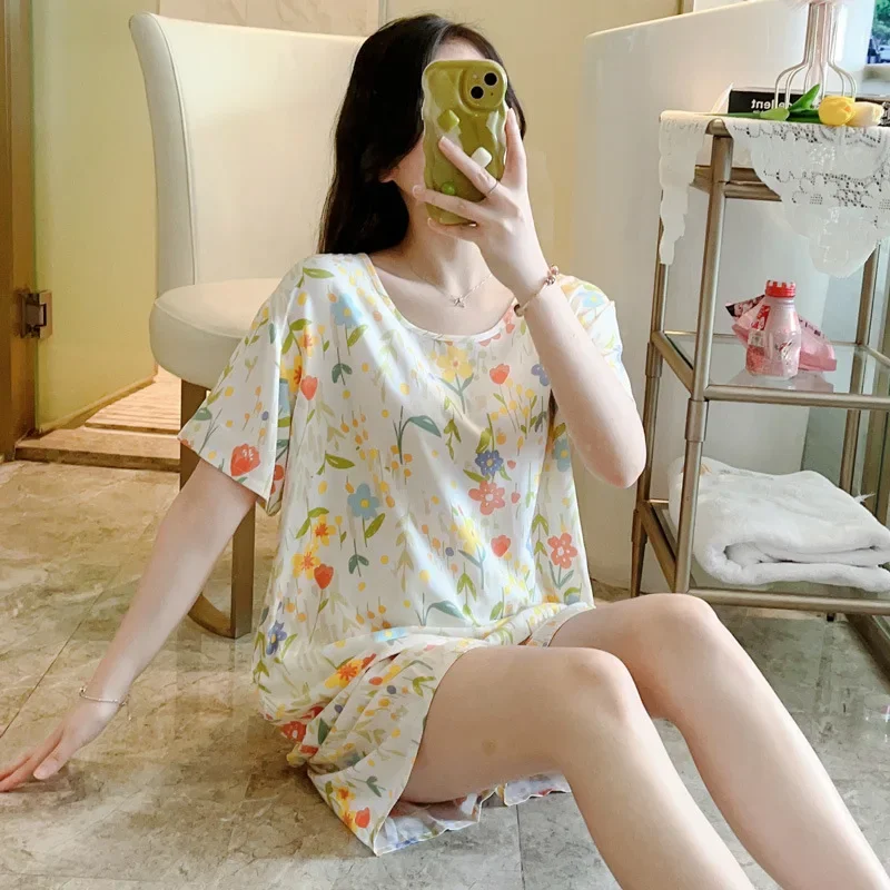 

New Pajama Sets Women's Summer Thin Cotton Cute Cartoon Print Korean Two-Piece Set Home Clothing Kawaii Clothes Womans Large Pjs