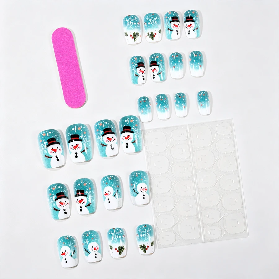 24-Piece Christmas Blue Gradient Short Square Press-On Nail Set, Cute Snowman and Snowflake Fake Nails, Includes Jelly Glue, Nail File, and Removable Nail Stickers