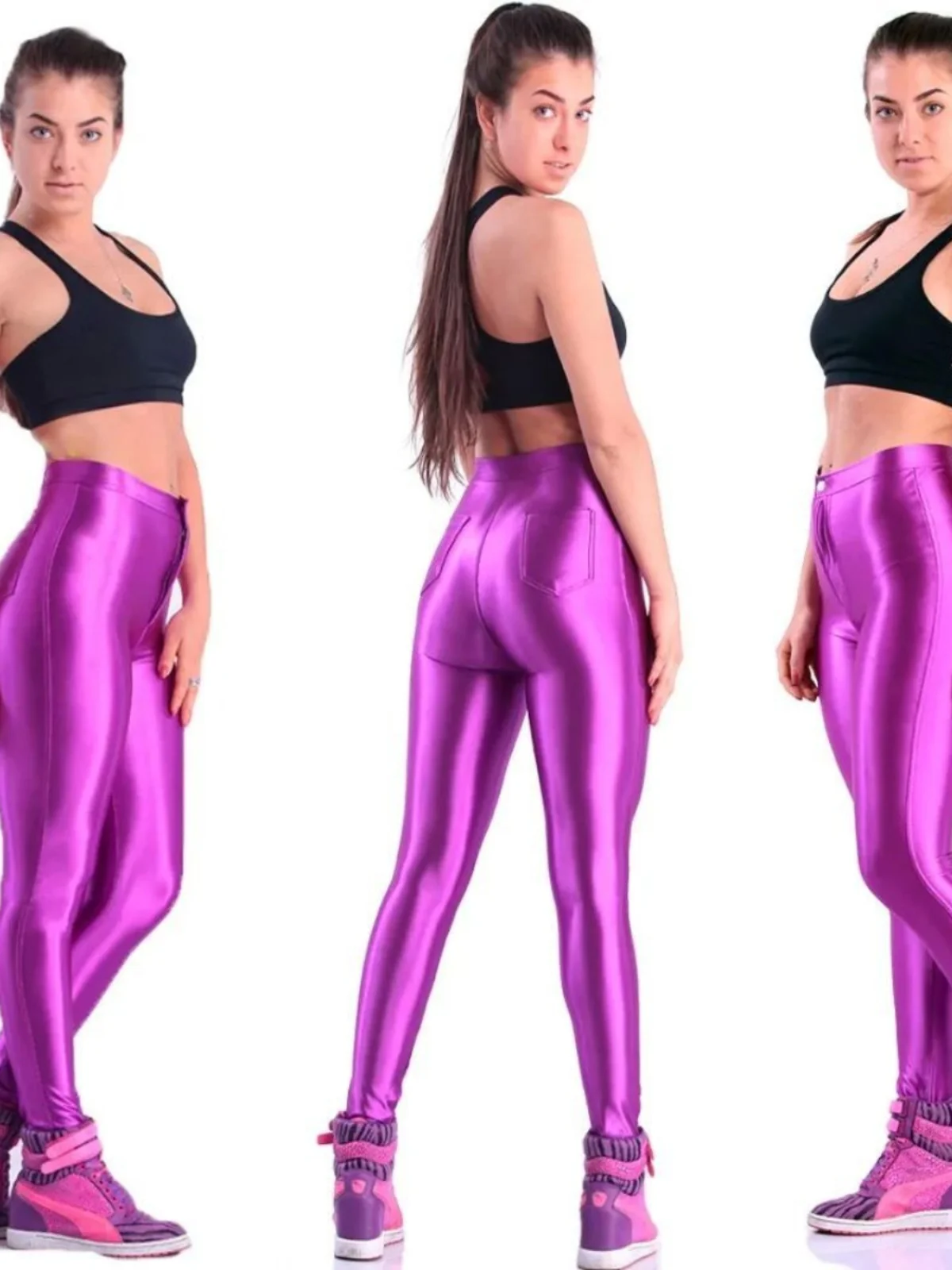 金メッキ加工のパテントレザーパンツ レディース ミッドウエスト エメッド ロングパンツ ファッショナブル ハイウエスト スリムフィット カジュアルパンツ