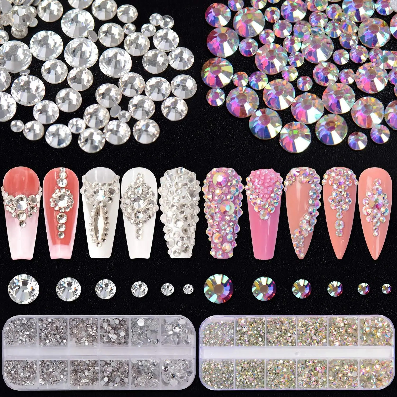 Cristal Prego Rhinestones Set para Artesanato DIY, Vidro Plano Voltar, Redondo, Claro, AB Prego Gems, Nail Art, roupas, sapatos, sacos, 4000 Peças