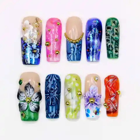 เล็บปลอมอะคริลิคเพ้นท์ลายดอกไม้แบบยาวทรงโลงศพ งานแฮนด์เมดสวยงามแบบ 3 มิติ 10 ชิ้น สำหรับตกแต่งเล็บในวันหยุด