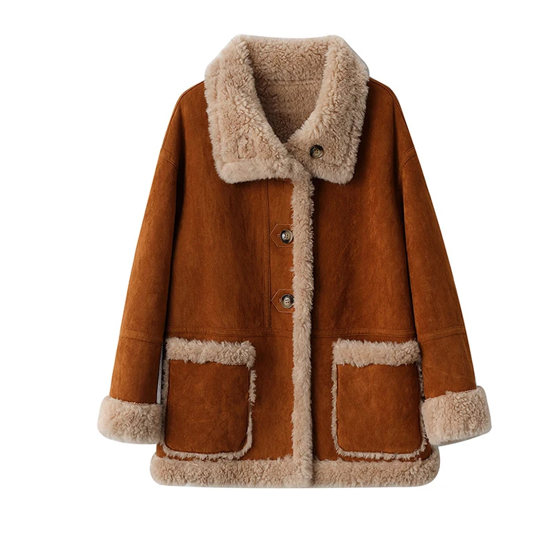 2025 Fall Winter 100% Wool Lining Women's Suede Coat Vintage Brown Casual Female Loose Lambswool Windproof Warm Jacket Outwear