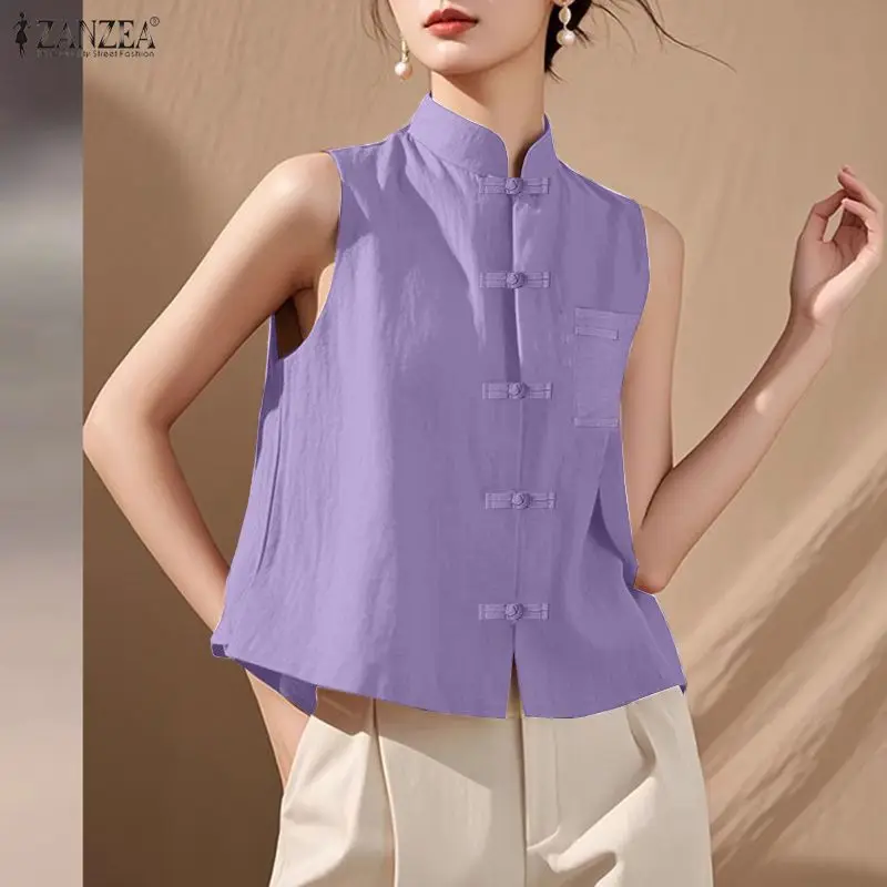 

Stylish Women Sleeveless Blouse ZANZEA Summer Tanks Tops Vintage Stand Neck Buttons Up Camis Casual Solid Work Shirt Mujer Femme
