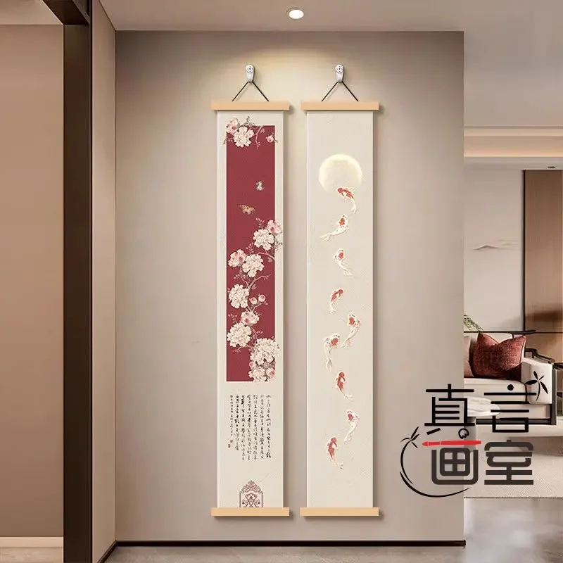 VIKAMA Vertikaler Rollbild-Wandbehang mit chinesischer Pfingstrose, Koi-Fisch und Mond, orientalische Tuschemalerei, Dekoration für Wohnzimmer und Eingangsbereich – Detail 1