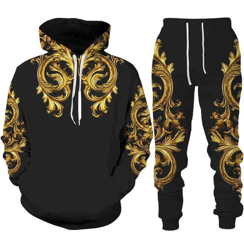 Baroque Court Style Hoodie/Suit Men\'s Luxury Golden Flower 3D Printed Sweatshirt&Trousers Set Fashion Unisex Streetwear Clothing