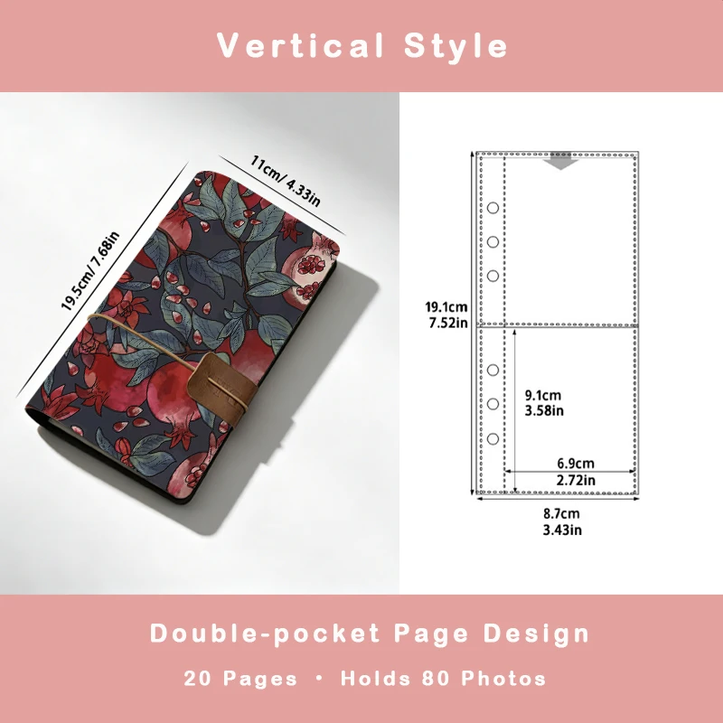 Retro Dark Base Watercolor Red Pomegranate Fruit Leaf Floral Print Instant Photo Album Elegant Gift for Women & Art Lovers