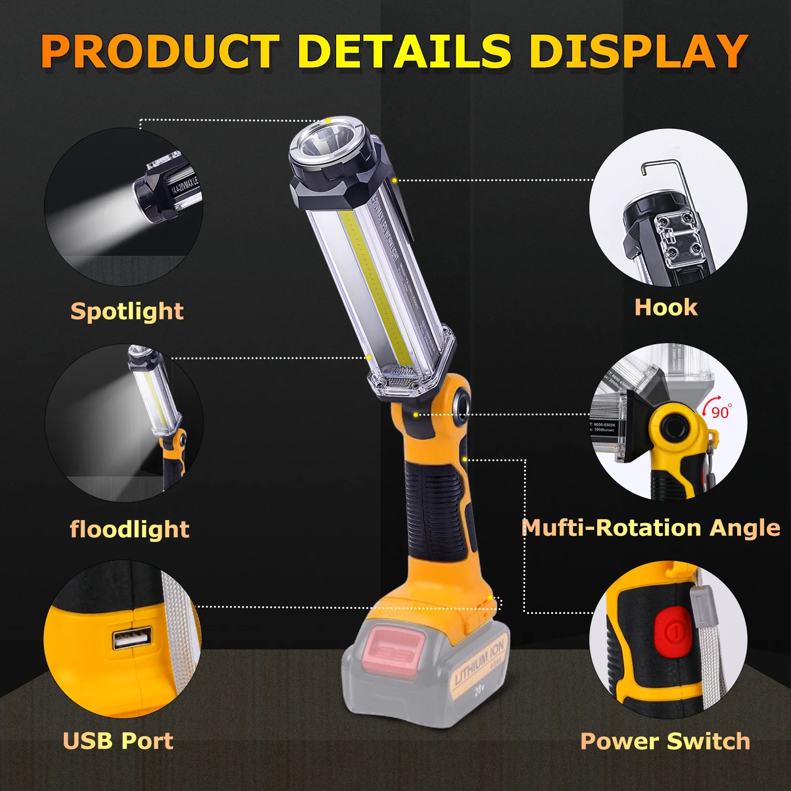 Lampe de travail LED sans fil portable, lampe de poche extérieure, lanternes de camping pour Dewalt, batterie Eddie ion 20V, sans batterie, 2000lm