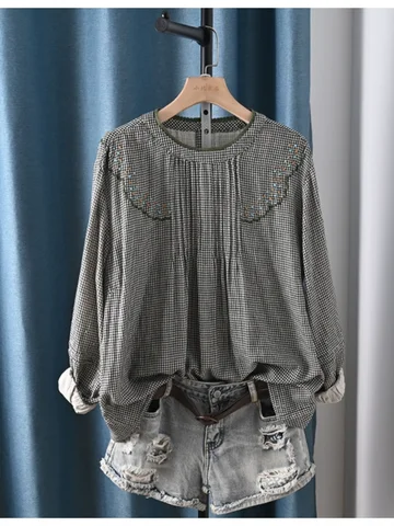 Lamtrip Unique Pleated Colorful Dots Embroidery Plaid Dark Blue Loose Long Sleeve O-Neck Cotton Yarn Shirt Blouse Female