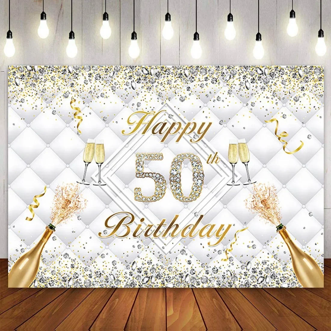 

Happy 50th Birthday Luxury Headboard Diamonds White Gold Silver Backdrop Party Decor Background for Women Men Customized