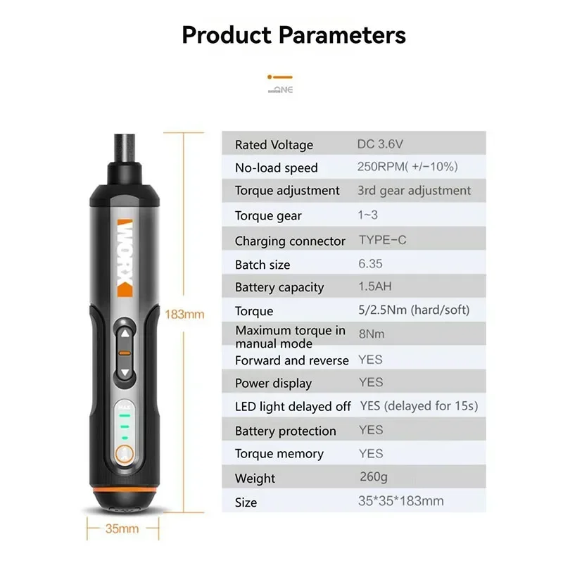 WORX WX240 Cordless Electric Screwdriver with Bit Set Rechargeable Screw Driver Wireless Drill Driver Power Tool