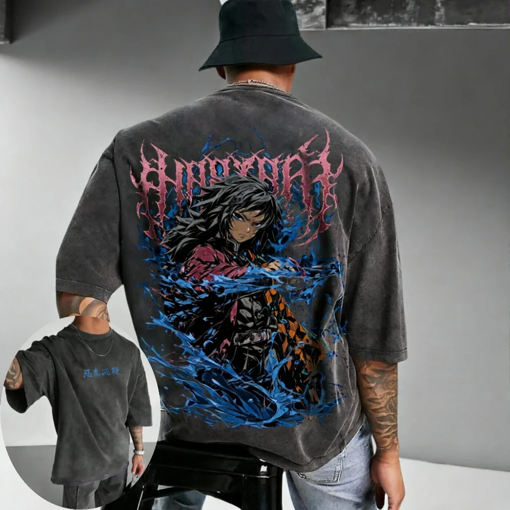 Demon Slayer Men's and  Women's Washed T-Shirt Kyojuro Rengoku Summer Spring Anime Tee Retro Distressed Versatile Short Sleeve view 4