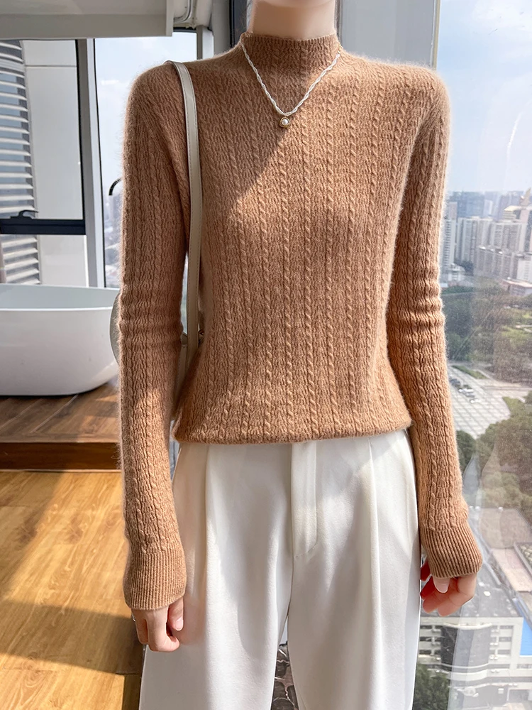 

Elegant Half High Collar Women Knitted Soft Sweater Autumn Winter Pure Color Warm Pullover Shirt 100% Cashmere Casual Base Tops