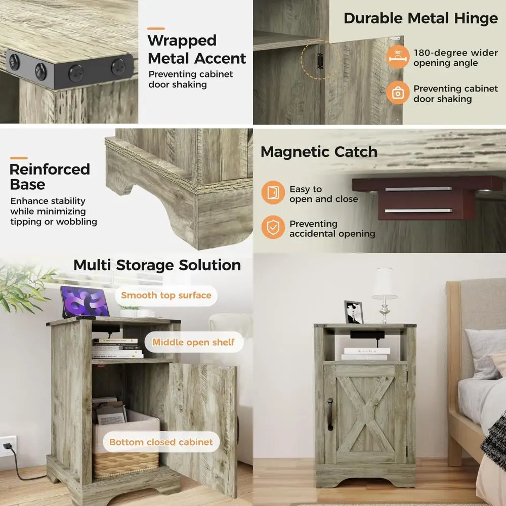 

Grey Rustic Wooden Nightstand with Charging Station, Storage, Ideal for Bedroom or Home Office