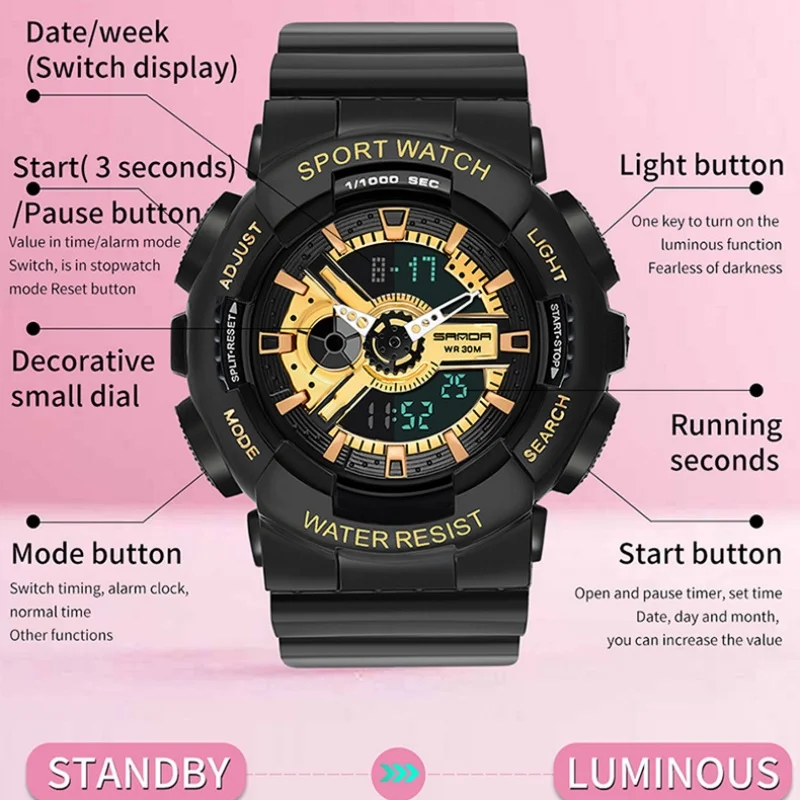 SANDA 292 Fashion Women Digital Watches Korean Luminous Sports Students Waterproof Clock Calendar Couple Casual Electronic Watch