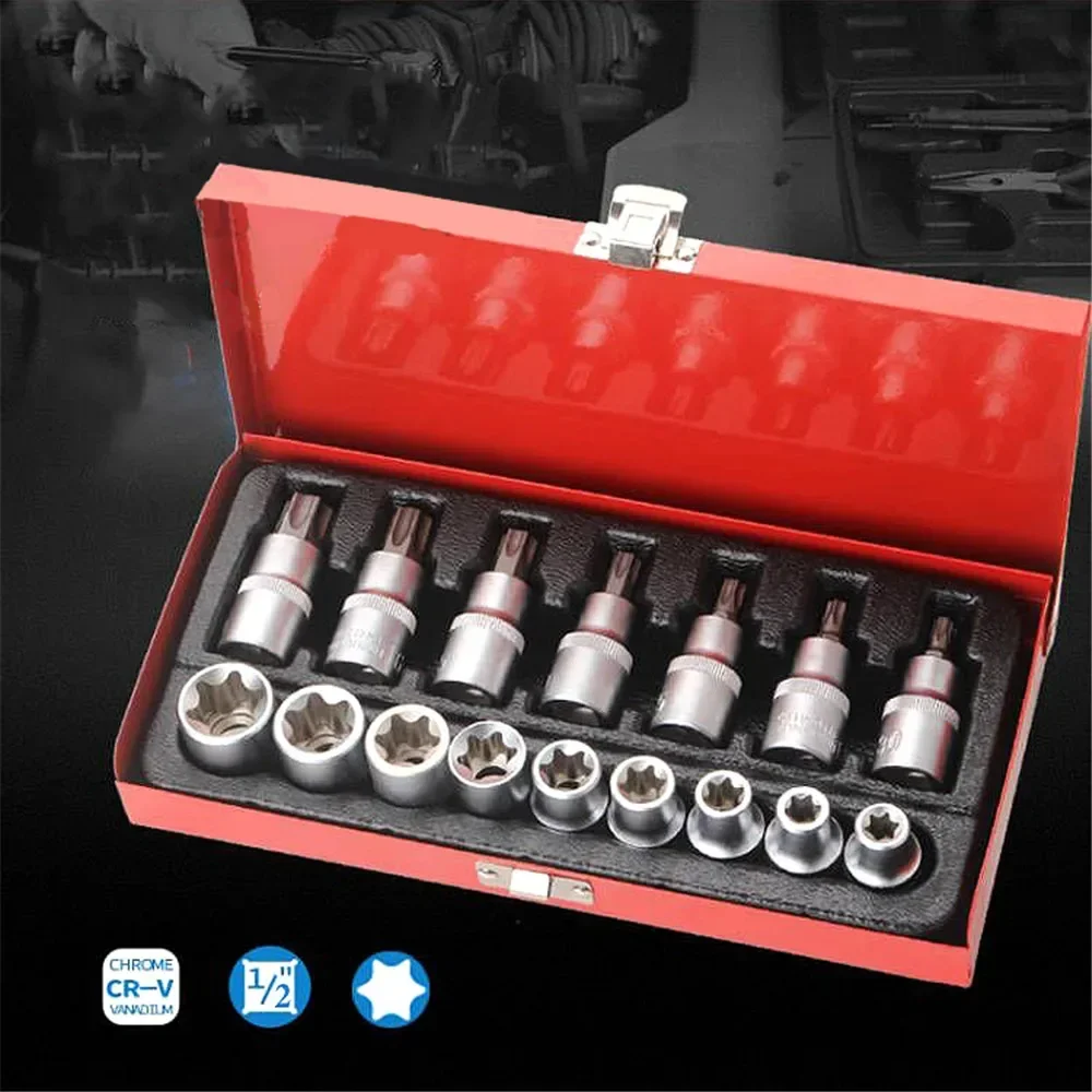 

Repair Tools E8BD Torx Bit Socket Set with Case E10-E24 T30-T70 16 Pcs Steel Star Bit Set Cr-V Steel 1/2-inch Drive Hand