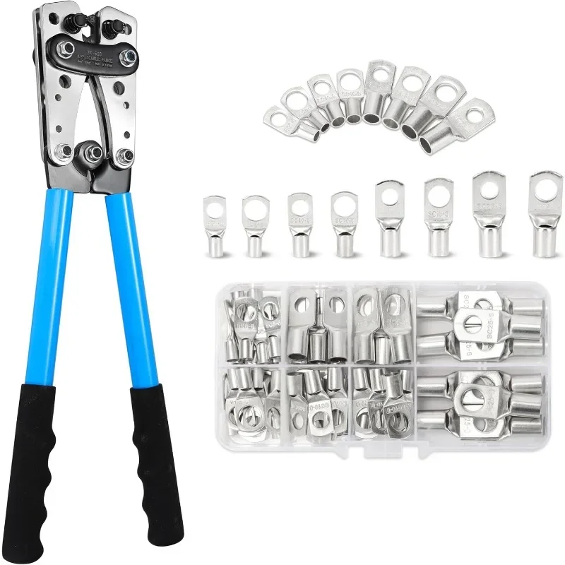 

Battery Cable Lug Crimping Tool 10-1 AWG with 60Pcs Copper Ring Terminals 8 Sizes Cable Lugs Set, Heavy Duty Wire Crimper