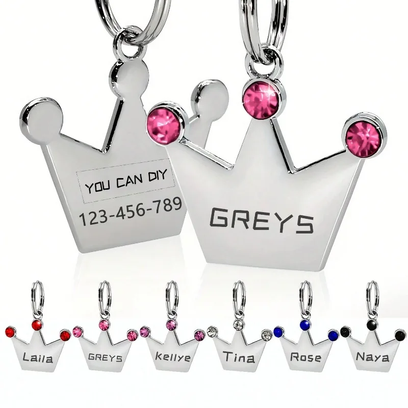 Double Side Personalzied Pet ID Tag Custom Free Engraving Dog Name Collar Keychain Crown Necklace Collar Puppy Accessory