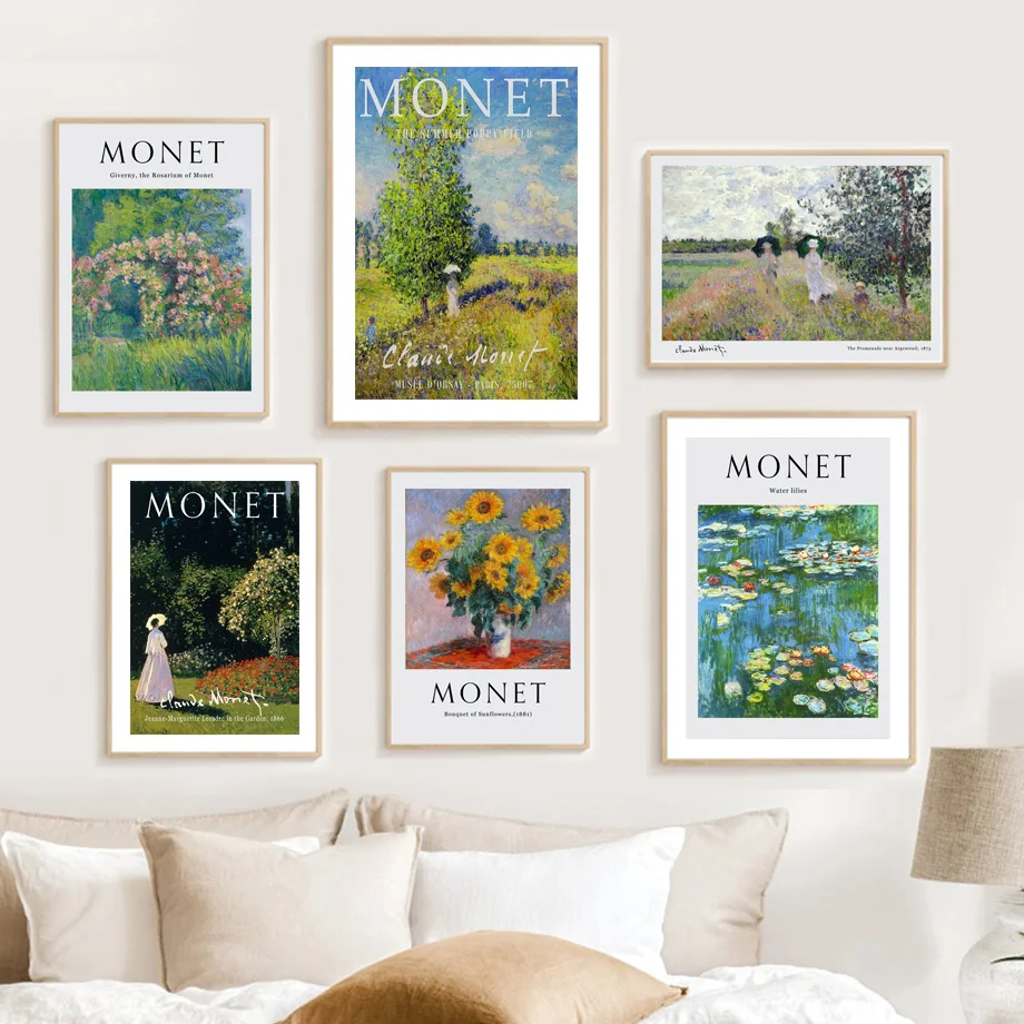 Monet Impressionist Canvas Poster Sunflower Riverside Cliff Floral Landscape Print Vintage Gallery Wall Art Home Study Decor
