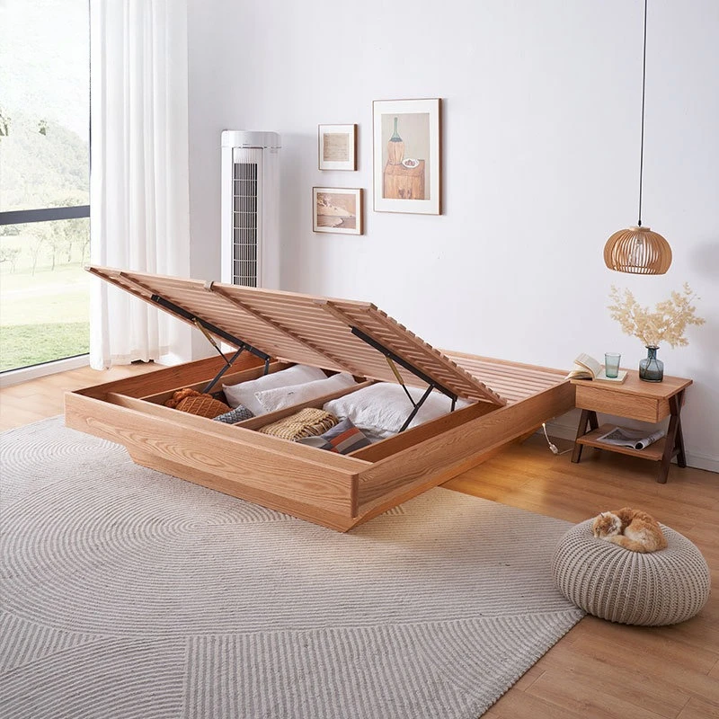 

Solid wood bed Red oak tatami bed 1.5m 1.8m double bed Simple modern storage Suspended