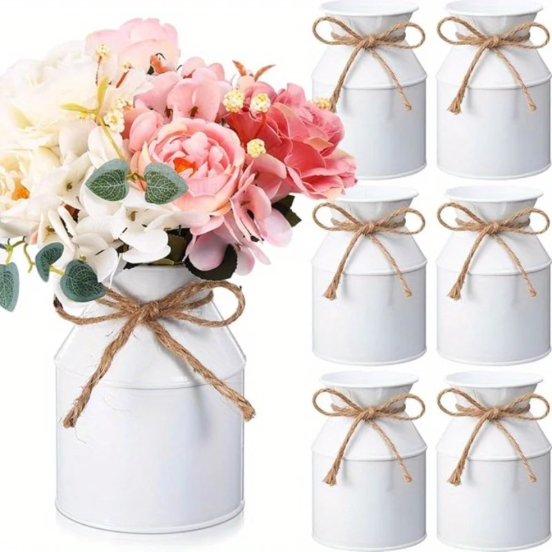 6pcs White Galvanized Metal Milk Can Vases Bell-Shaped Wide Mouth Rustic Farmhouse Flower Buckets with Twine Vintage Table Decor
