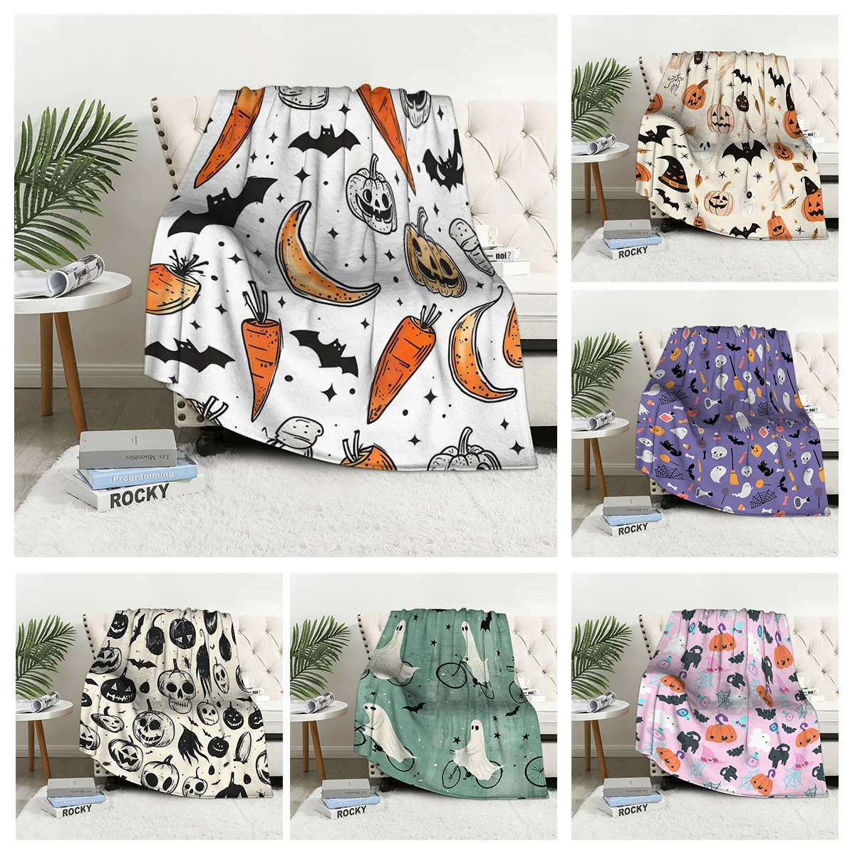 

Home decoration plush Throw Sofa blanket Bedspread bed fluffy soft blankets decor Plaid Modern Halloween Autumn Pumpkin funny