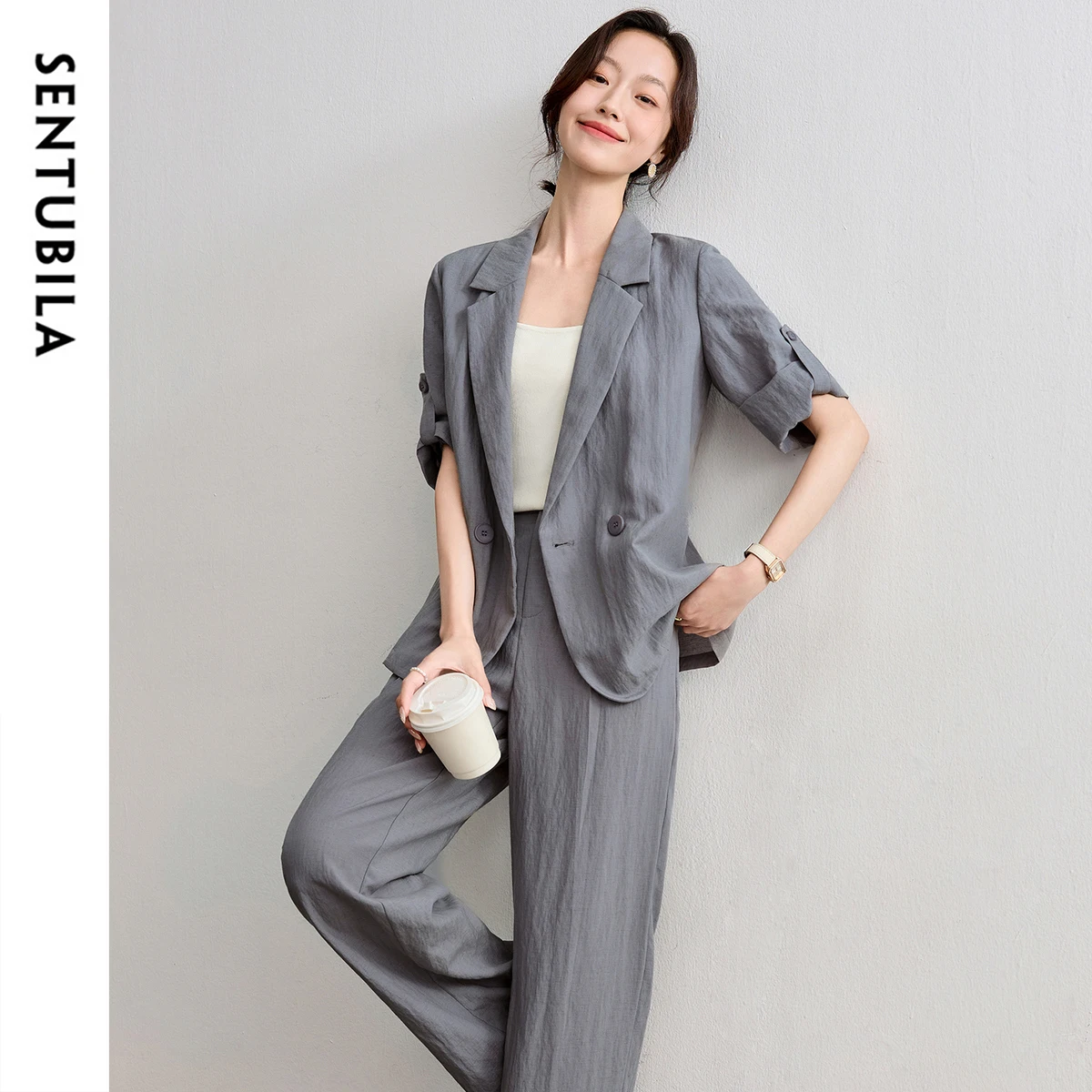 

SENTUBILA Linen Blend Summer Blazer Pant Suit Woman Commute Outfit Office Ladies 2025 Grey Two Piece Matching Sets 152ZE1846