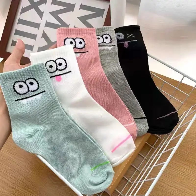 5 Pairs Cute Expression Print Socks, Comfy & Funny All-match Mid Tube Socks, Women Stockings & Hosiery