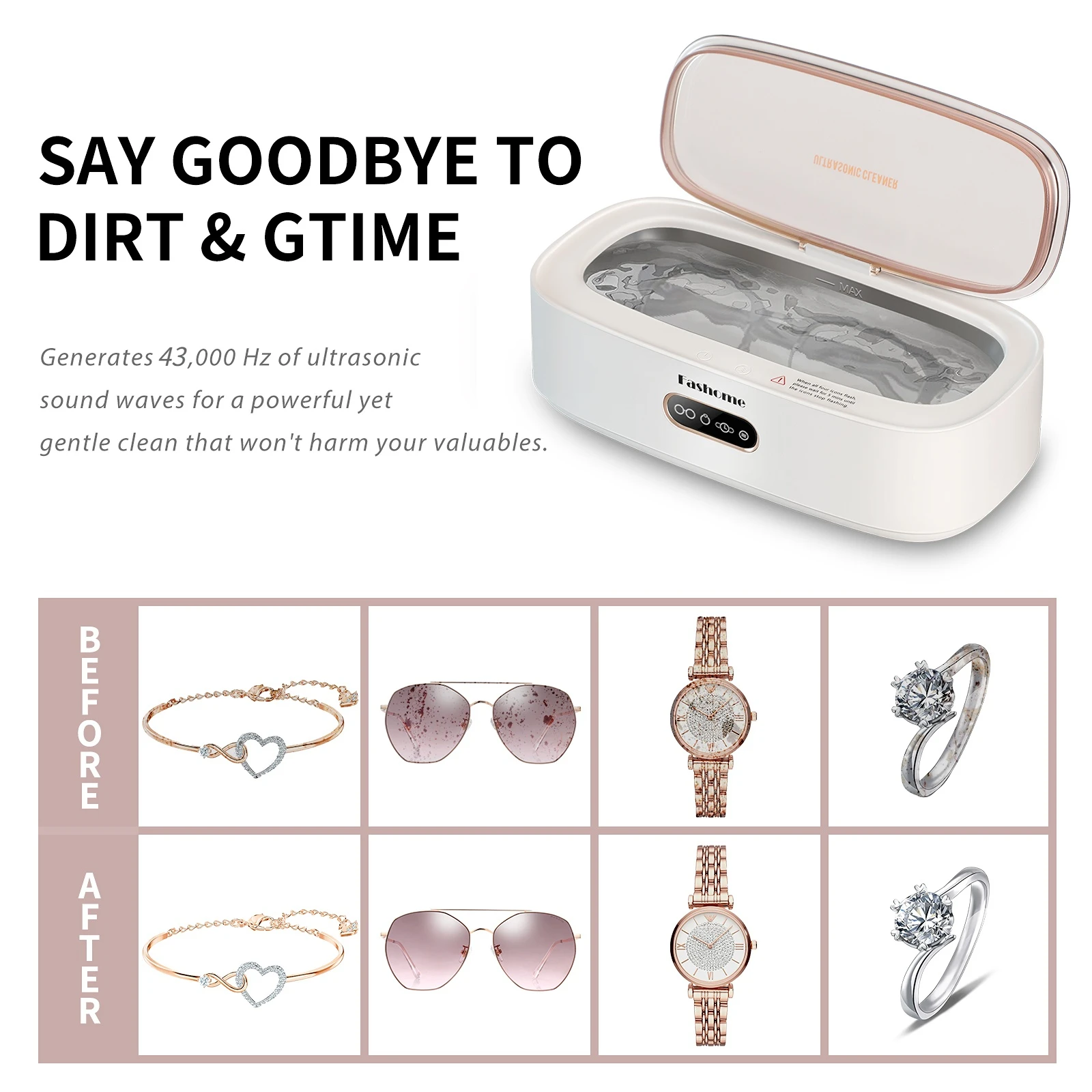 Glasses Jewelry Ultrasonic Cleaner With 3 Power Options Touch Operation 300ML 43kHz High Frequency 360° Deep Cleaning Box