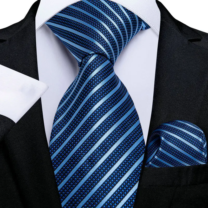 VerveRow Men Striped Tie and Pocket Square Set, Dark Light Blue Jacquard Necktie Handkerchief for Business Formal Wear