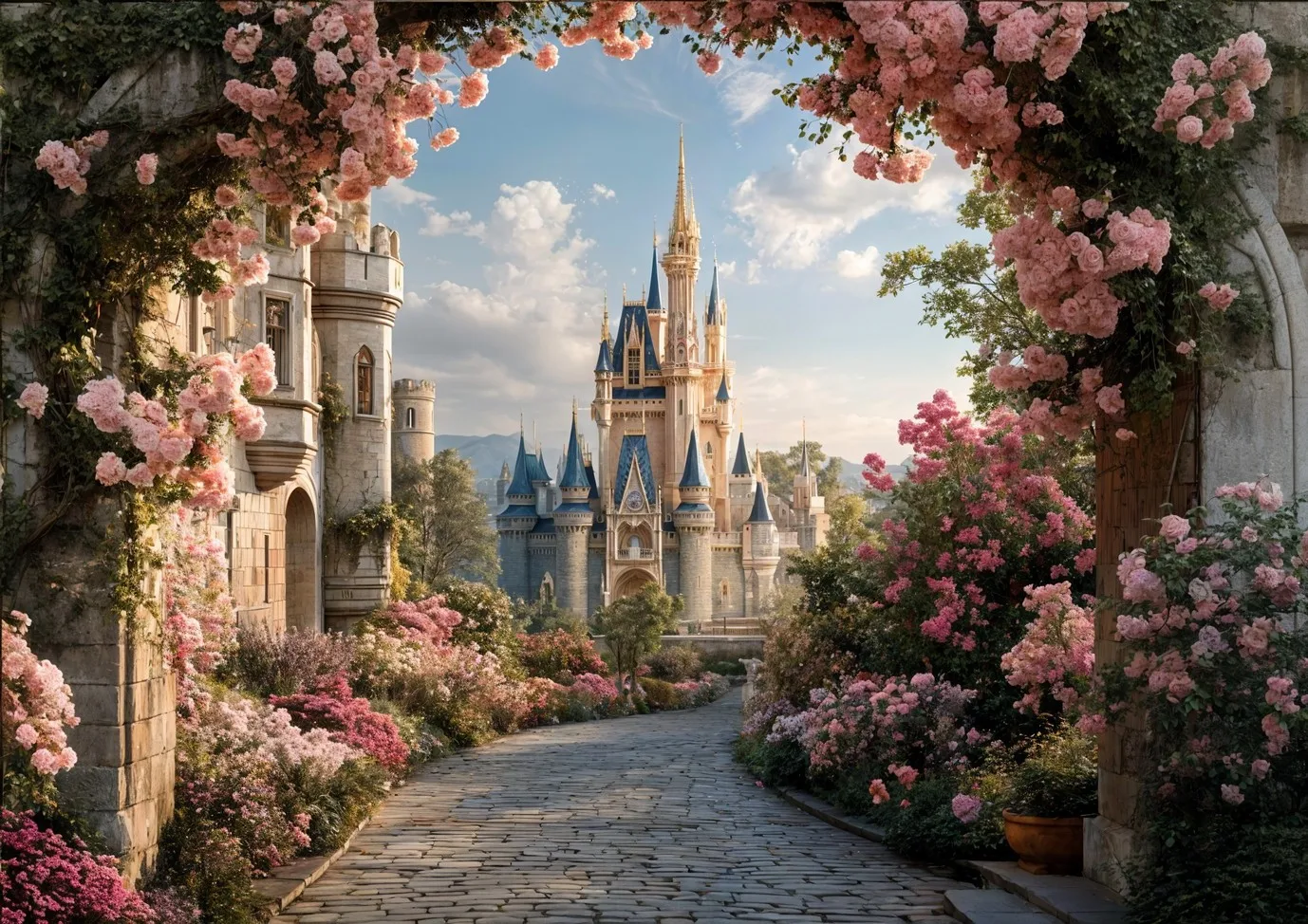 

Фон для фотосъемки: Розовая арка в виде замка, романтическая каменная дорожка, волшебный сад принцессы, фон для фотосессий в стиле королевского замка