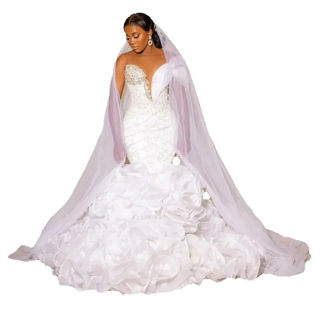 

Индивидуальное свадебное платье на одно плечо с блестящими жемчужинами, африканские каскадные оборки, корсет на спине, свадебное платье Vestidos De Novia