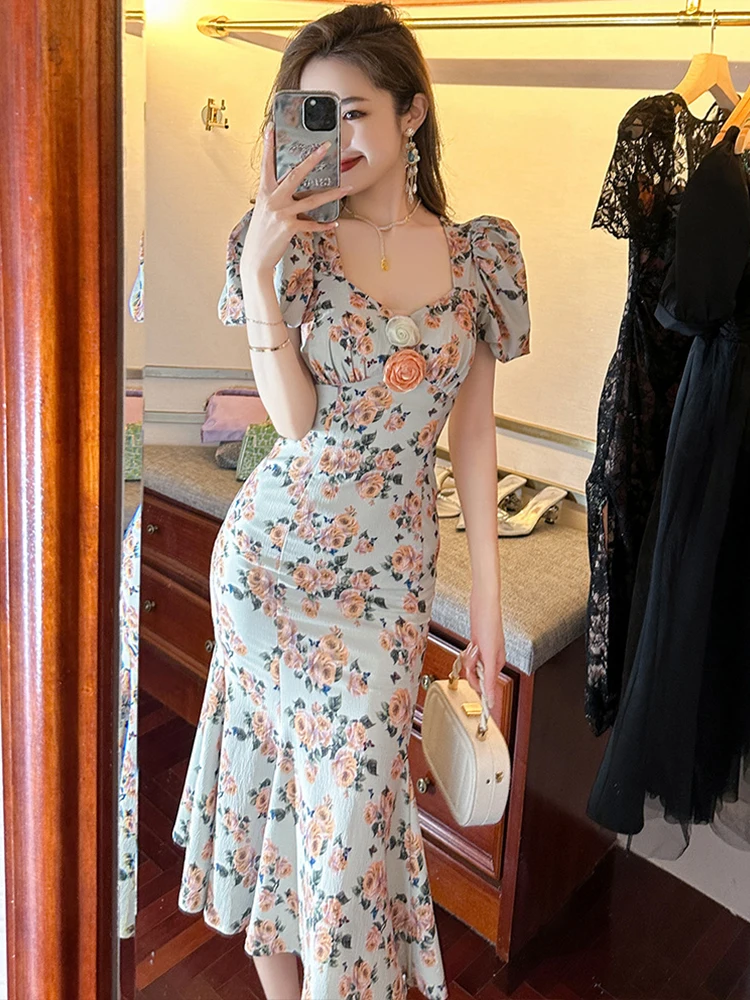 

New French Style Summer Evening Dress Elegant Women Retro Print Puff Sleeve Slim Midi Dresses Party Vacation Robe Mujer Vestidos