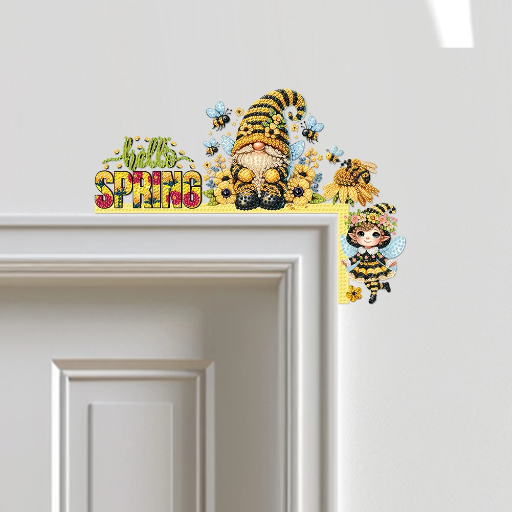 

Декоративная табличка на дверь «Весенний гном» с алмазной вышивкой, стразами и стразами для декора дверного проема, алмазная вышивка, табличка на дверь под прямым углом для домашнего декора