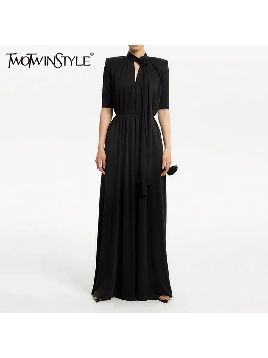 

TWOTWINSTYLE однотонные свободные платья для женщин с круглым вырезом и коротким рукавом, высокой талией, темпераментное длинное платье, женская мода, новинка