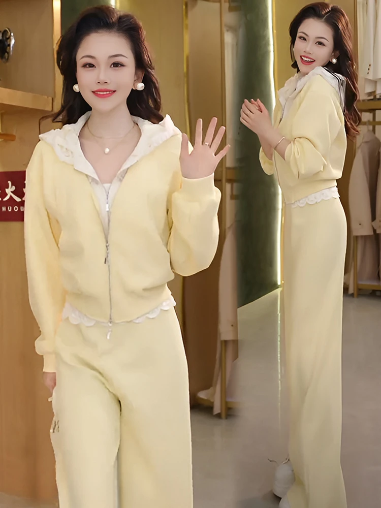 Spring Autumn Women's Sporty Lace Trimmed Two-Piece Set Casual Style Long Sleeve Hoodie And Cardigan Button up Fashion Ensemble