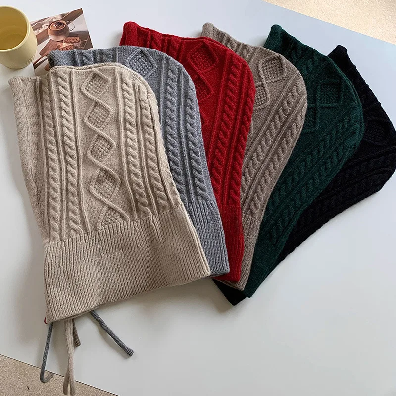 غطاء رأس بالاكلافا شتوي دافئ محبوك وشاح كروشيه متكامل لحماية الأذن مقاوم للبرد بلون سادة ​