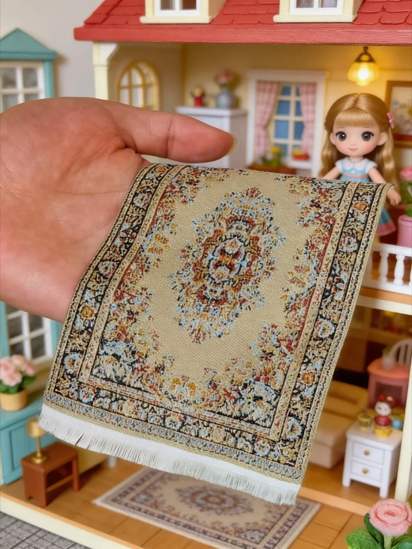 Mehrfarbiger Mini-Teppich mit Fransen-Design für Modellhaus-Dekoration – Erhältlich in verschiedenen Farben, perfekt für DIY-Projekte – Detail 3