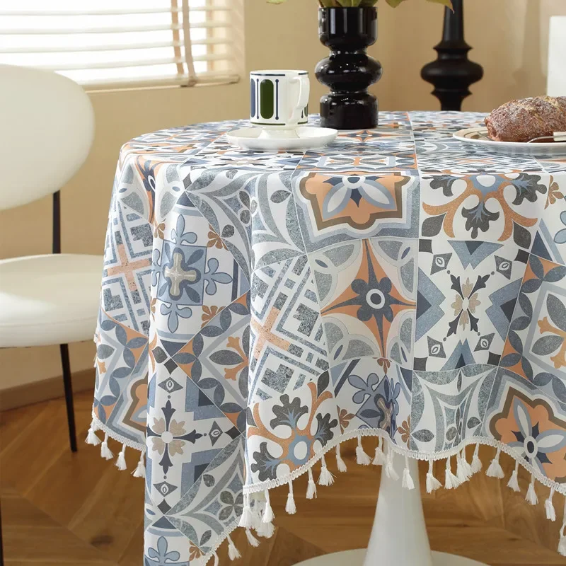 Retro Cotton and Linen Waterproof Tablecloth Oil-Proof Geometric Printing Desk Cover Cozy Wear-Resistant Furniture Protector
