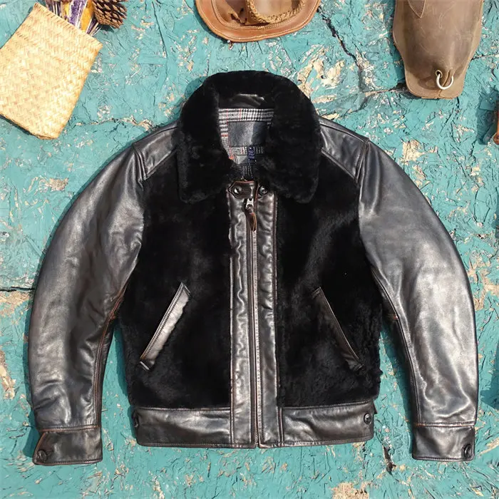 Tailor Brando Merino Shearling & Italian Tea Core Horsehide Men's Classic Grizzly Retro Leather Jacket