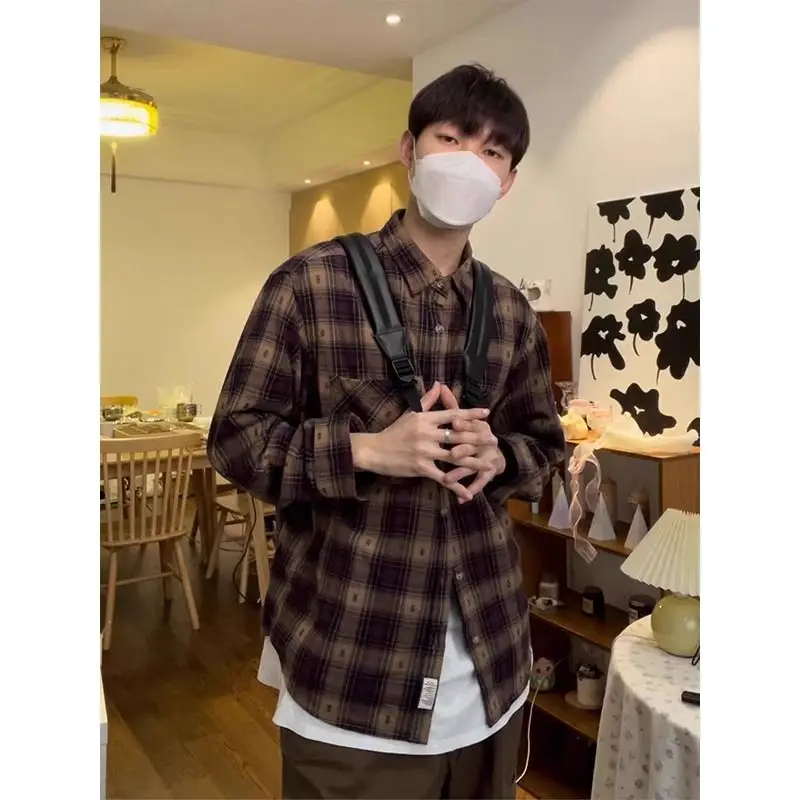 

Мужская рубашка в клетку в стиле ретро, весенне-осенняя, плотная, свободного кроя, для пар, из полиэстера, с воротником-стойкой