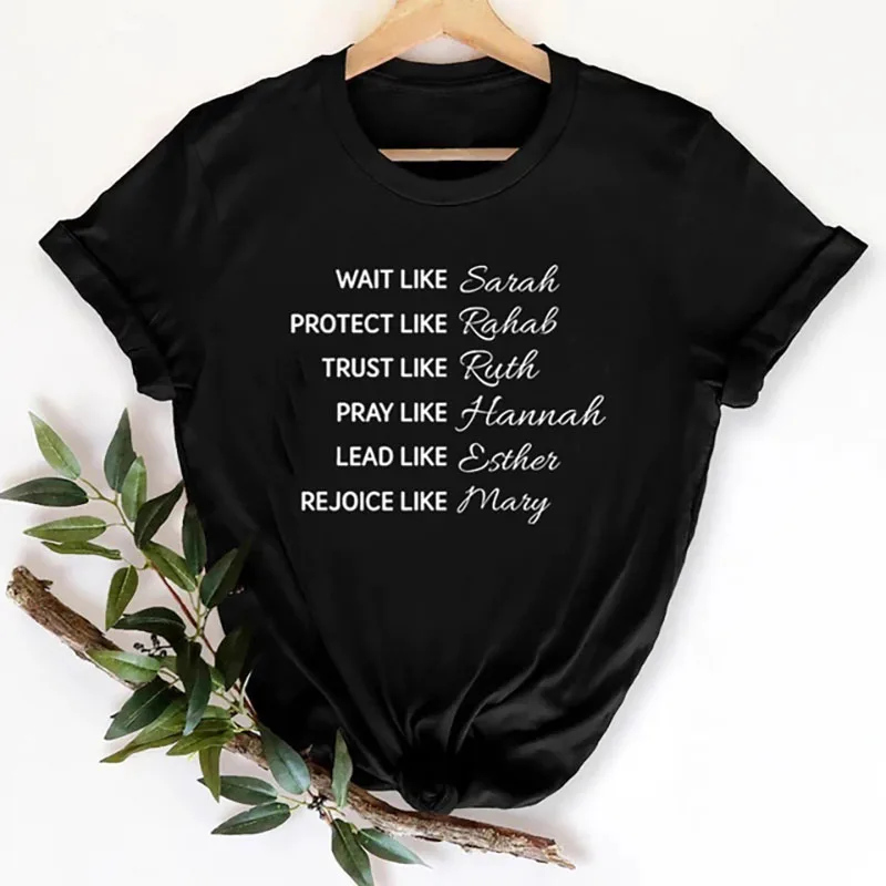 Wait Like Sarah Letter Print T Shirt Christian Women Bible Verse Graphic T-shirts Short Sleeve Religious Faith Tee Plus Size Top