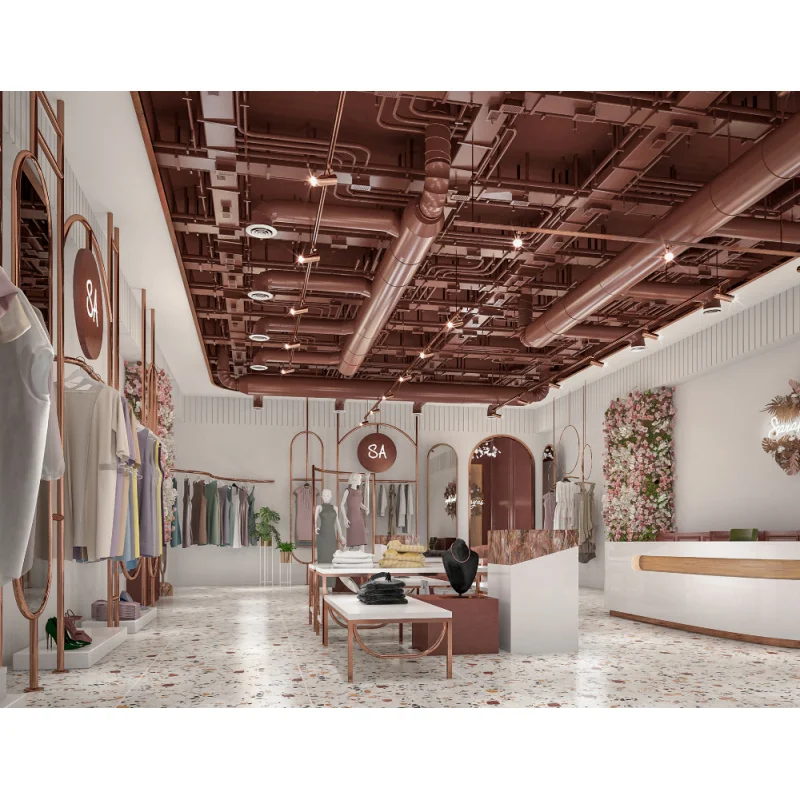 custom.Customized Women Clothing Shop Interior Display Accessories Design Rose Stainless Steel Shelves Delicate Display Rac